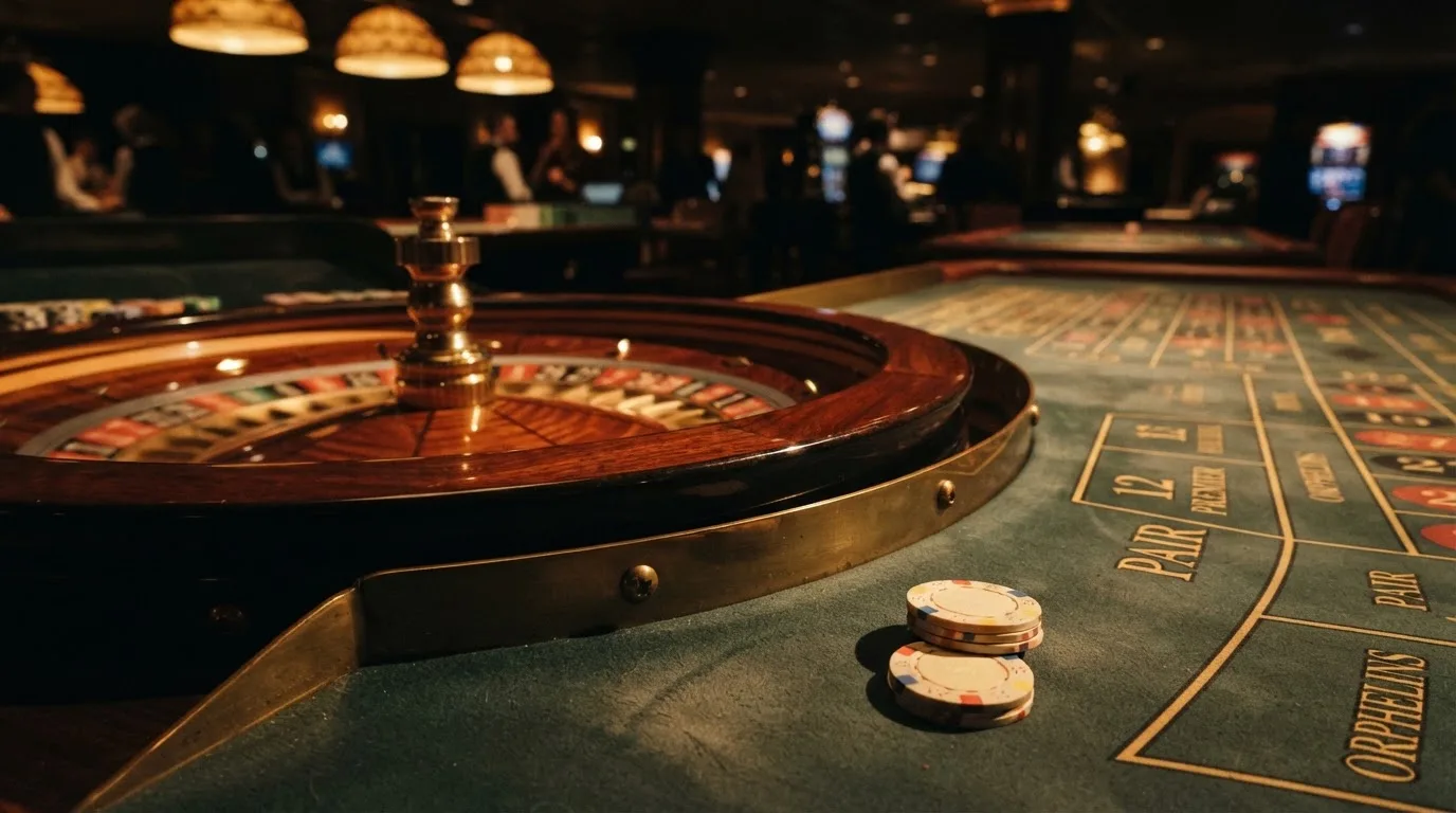 Rulettehjul og sjetonger på grønn filt i varmt kveldslys — 10 kr casinoer i norge