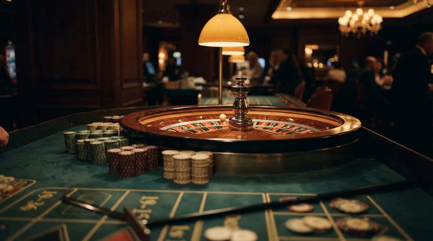 Rulettehjul og sjetonger på grønn filt i varmt kveldslys — 100 kr casinoer i norge
