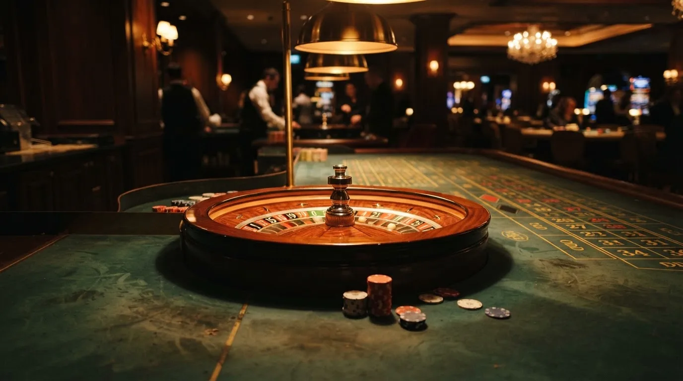 Rulettehjul og sjetonger på grønn filt i varmt kveldslys — 20 kr casinoer i norge
