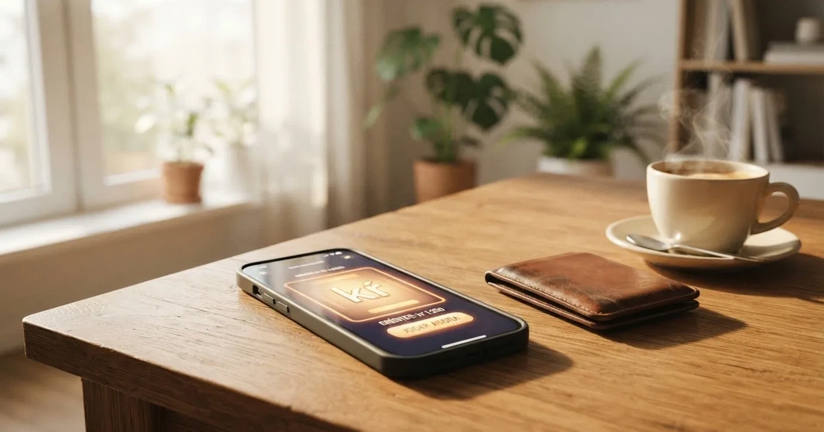 Mobiltelefon på et trebord ved siden av en lommebok og en kopp kaffe — 200 kr casinoer i norge