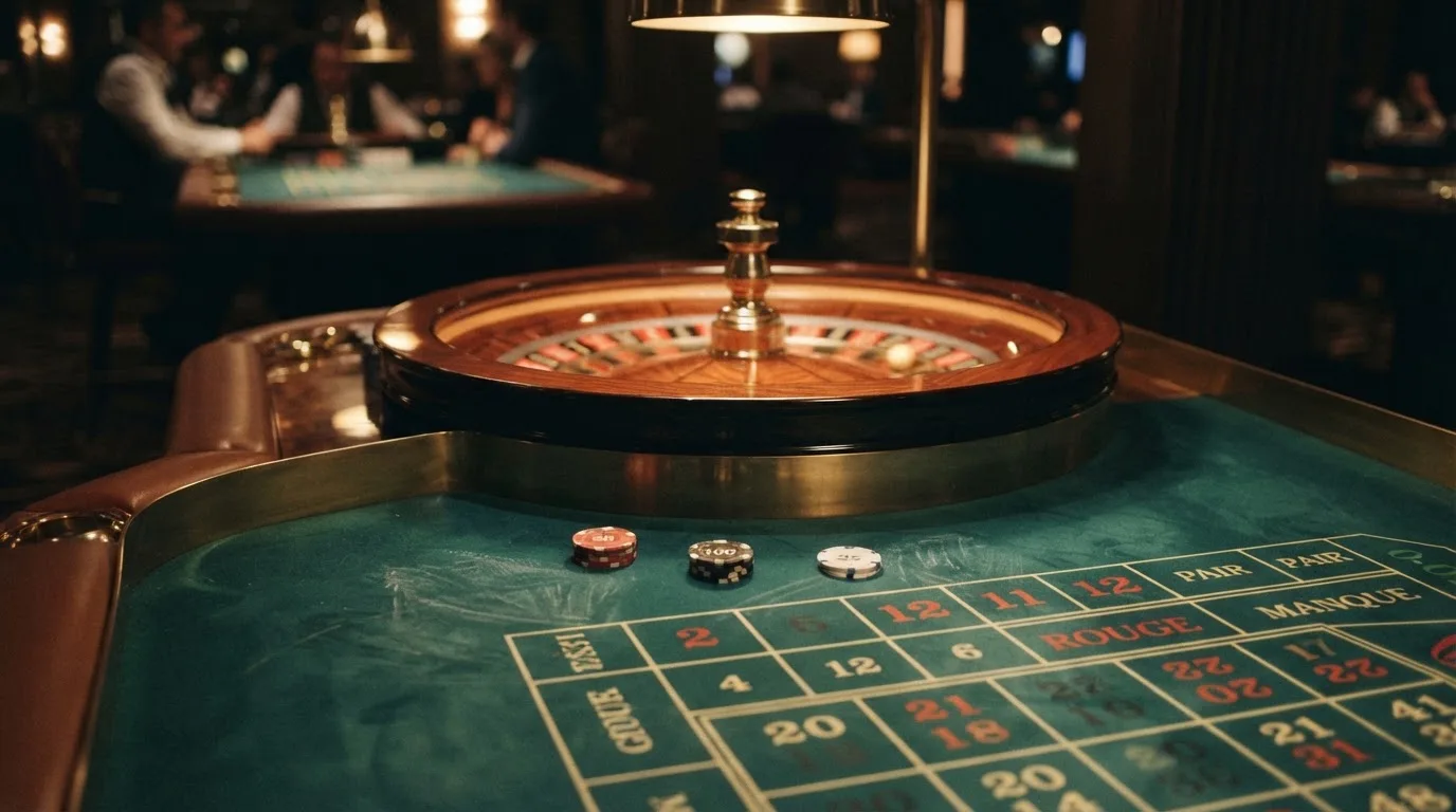 Rulettehjul og sjetonger på grønn filt i varmt kveldslys — 200 kr casinoer i norge
