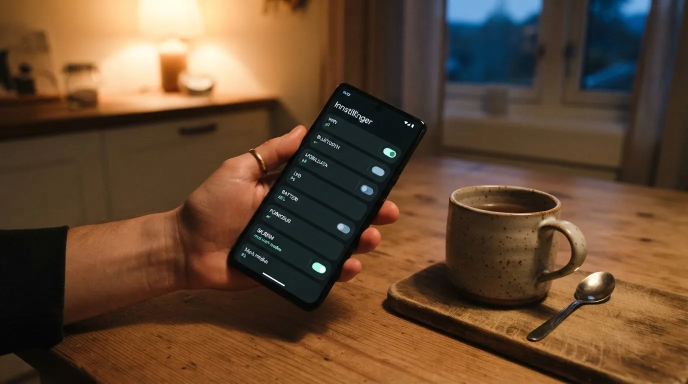 Hånd holder en mobiltelefon ved siden av en kopp te ved et kjøkkenbord en rolig kveld — alle kasinoer i norge