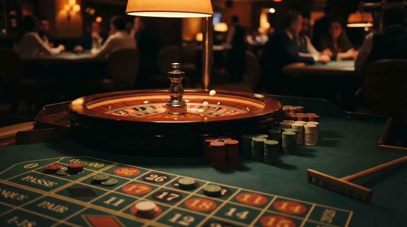 Rulettehjul og sjetonger på grønn filt i varmt kveldslys — anmeldelser av norske casinoer