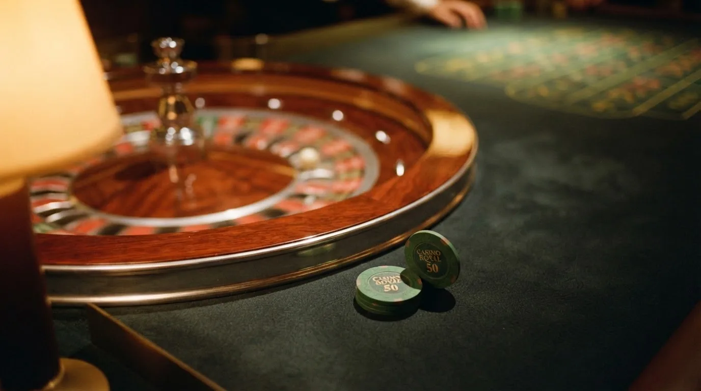 Rulettehjul og sjetonger på grønn filt i varmt kveldslys — beste blackjack i norge