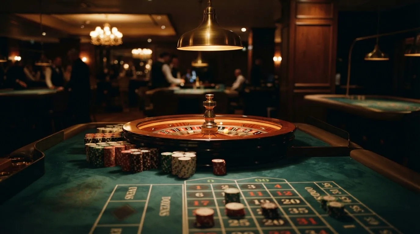 Rulettehjul og sjetonger på grønn filt i varmt kveldslys — beste bonuser på norske casinoer