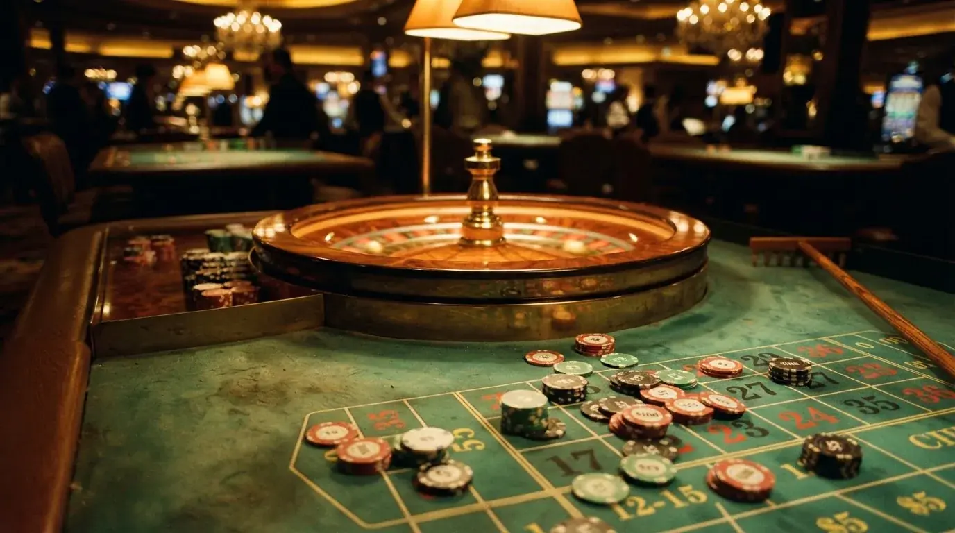 Rulettehjul og sjetonger på grønn filt i varmt kveldslys — beste casino spilleautomater
