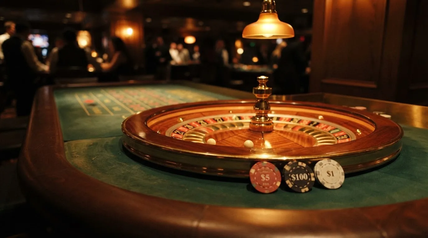 Rulettehjul og sjetonger på grønn filt i varmt kveldslys — beste casinobonuser i norge