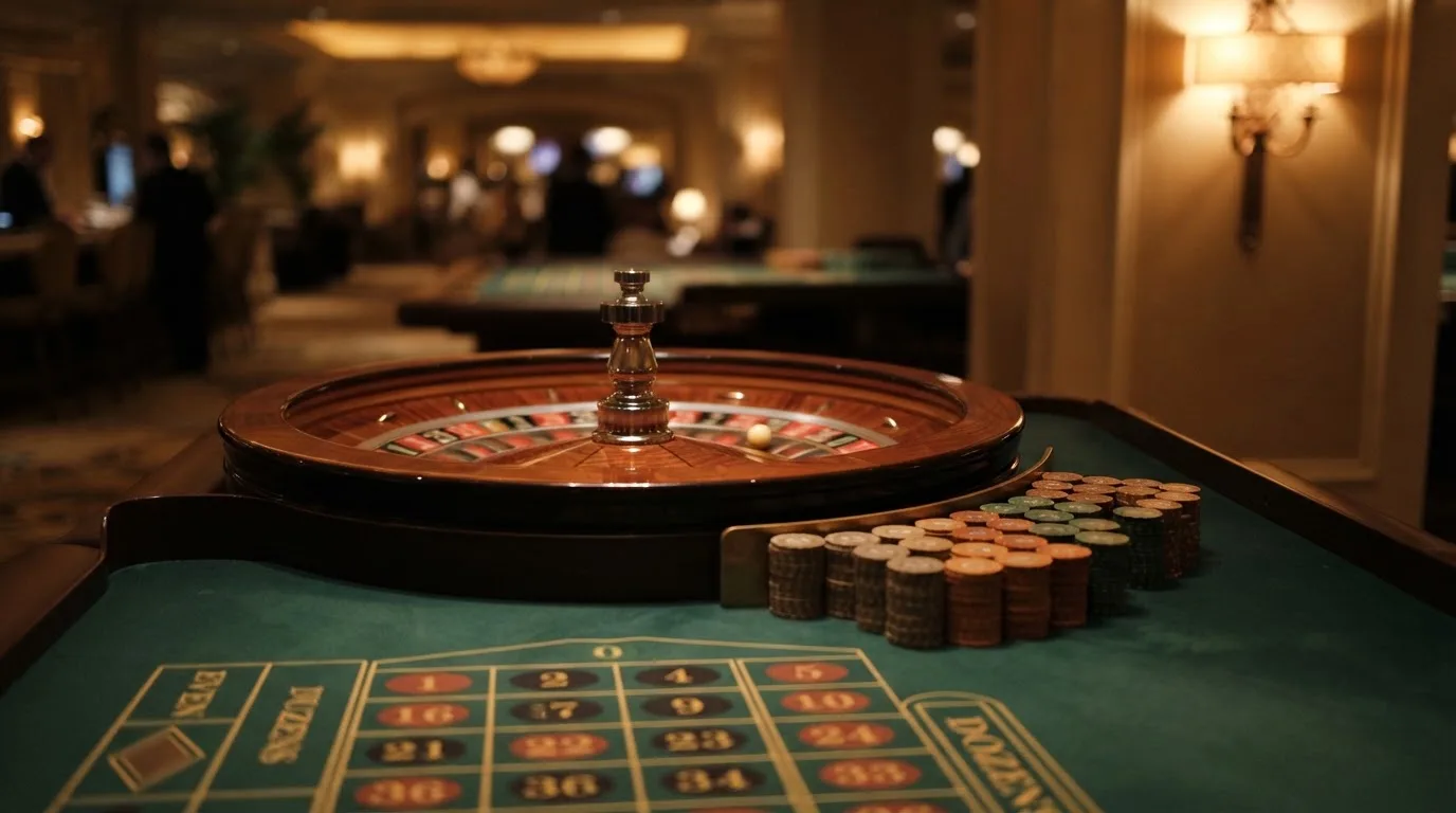 Rulettehjul og sjetonger på grønn filt i varmt kveldslys — beste casinoer med baccarat