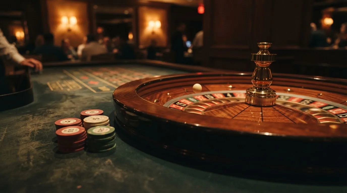 Rulettehjul og sjetonger på grønn filt i varmt kveldslys — beste casinoer med bingo