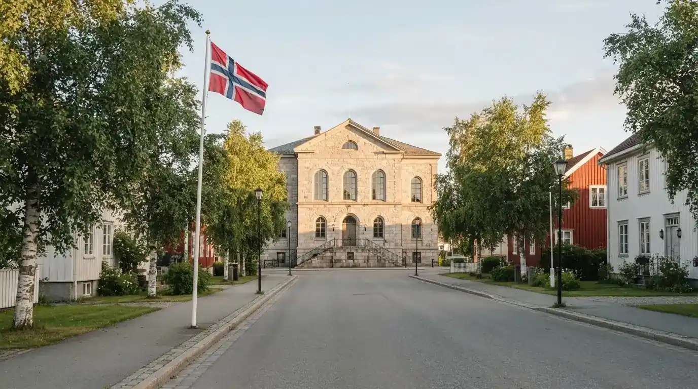 Rolig norsk gate med en offentlig bygning i klassisk stil og et flagg som blafrer i vinden