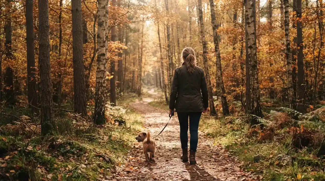 Kvinne går tur i skogen med hund en høstmorgen, lyset siler gjennom trærne