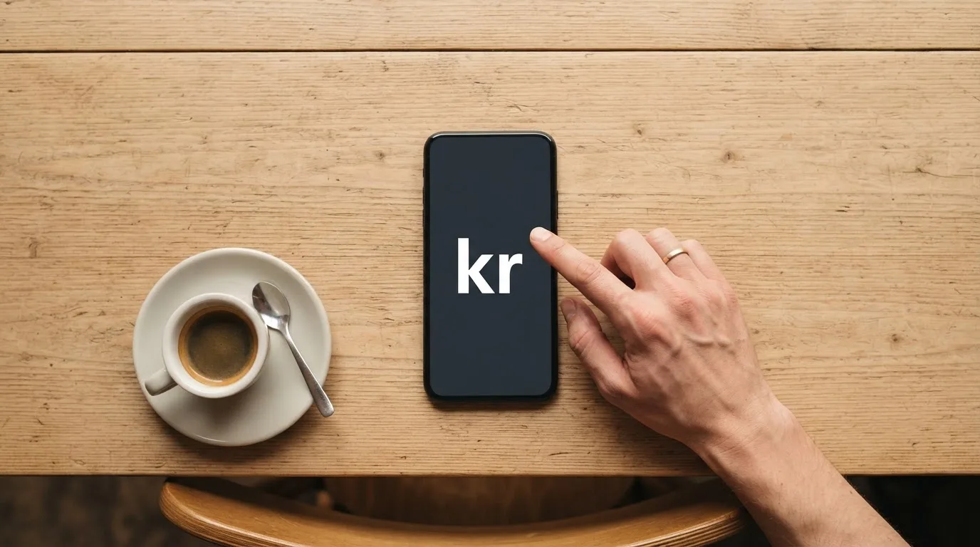Hånd som holder et kontaktløst betalingskort mot en betalingsterminal i en kafé