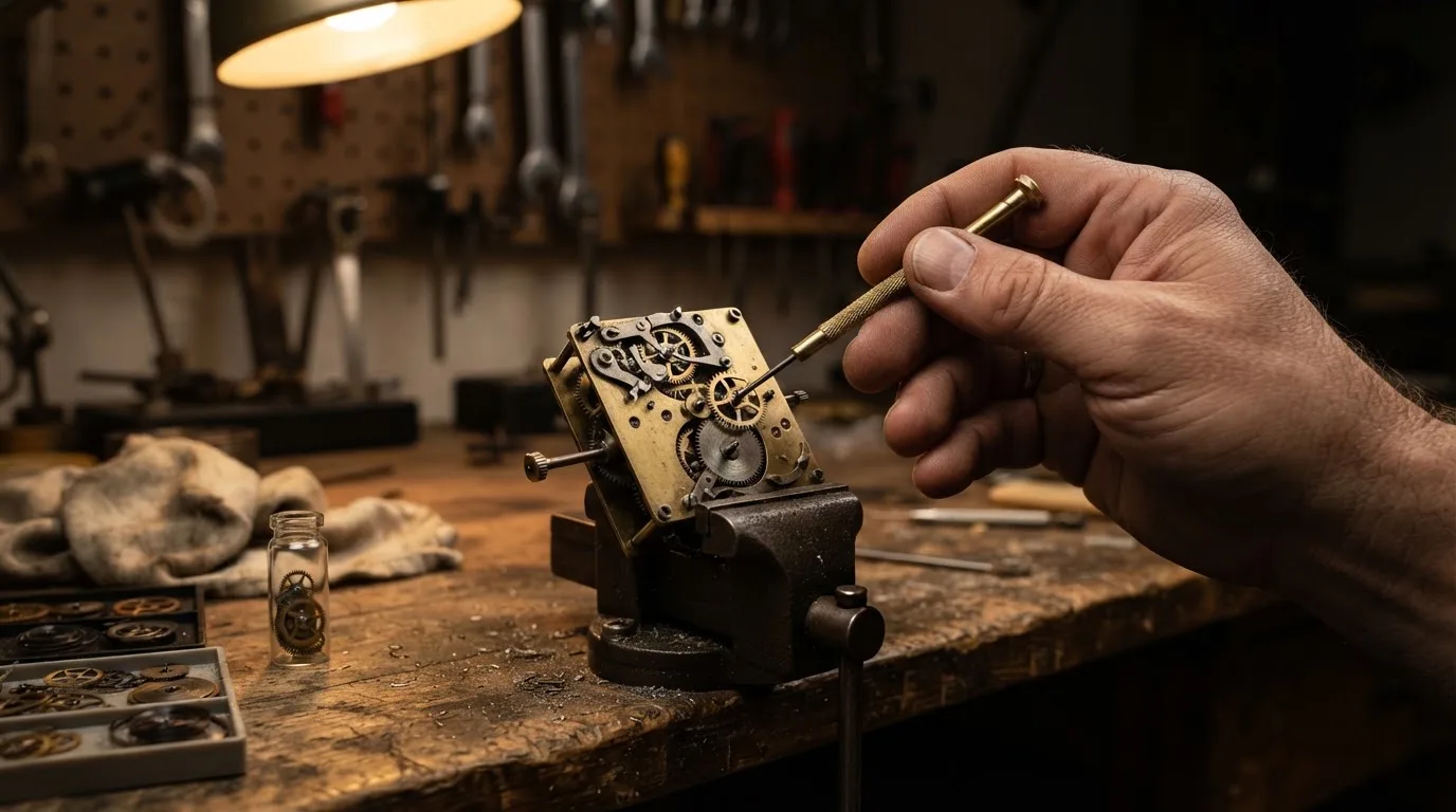 Nærbilde av en hånd som skrur på en liten mekanisk mekanisme med tannhjul på en arbeidsbenk, varmt lys
