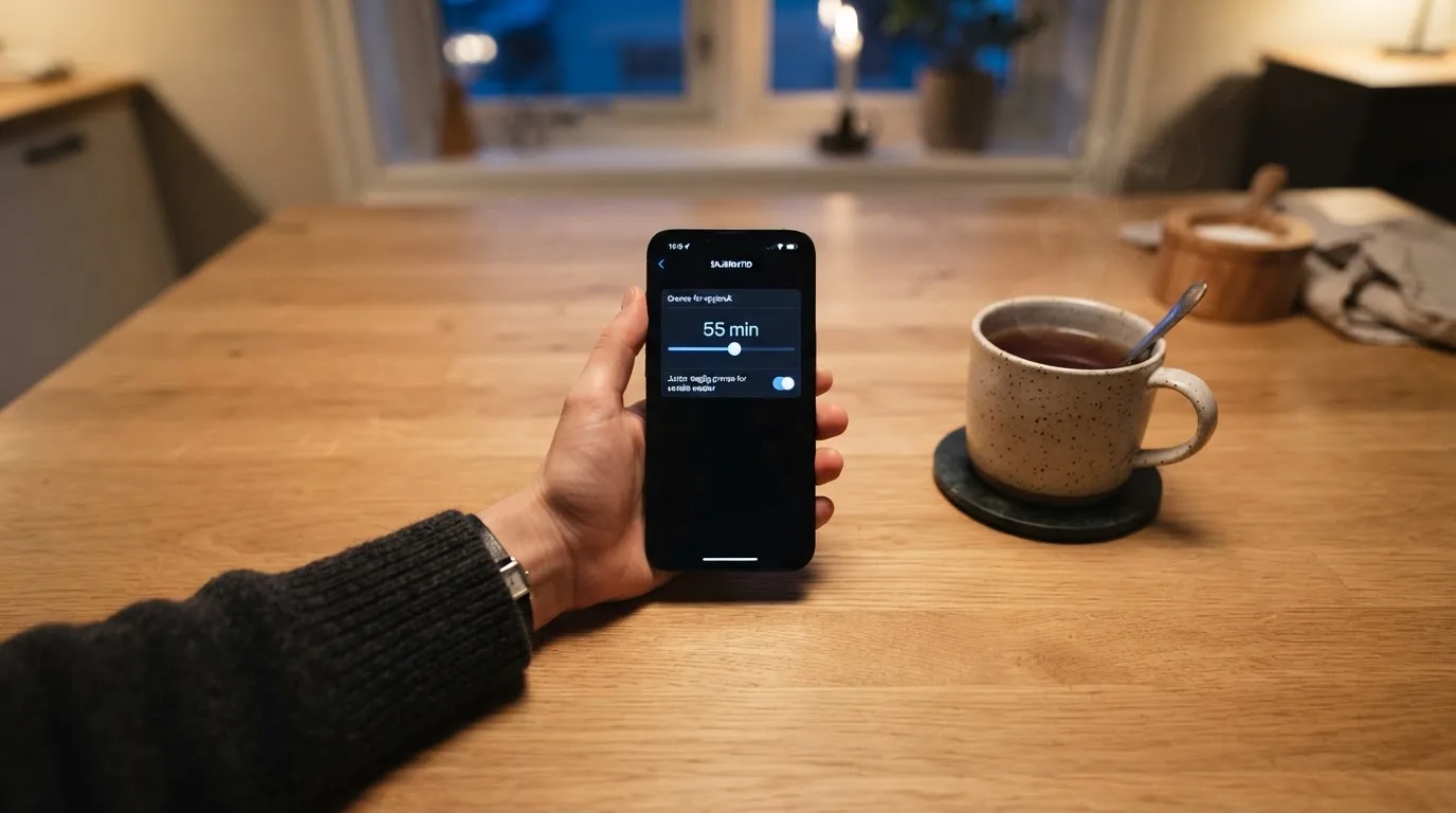 Hånd holder en mobiltelefon ved siden av en kopp te ved et kjøkkenbord en rolig kveld — beste utenlandske casinoer