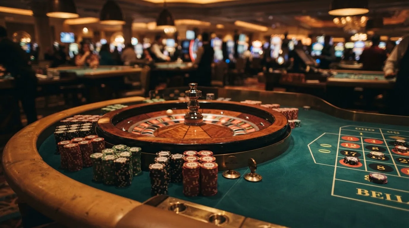 Rulettehjul og sjetonger på grønn filt i varmt kveldslys — beste utenlandske casinoer