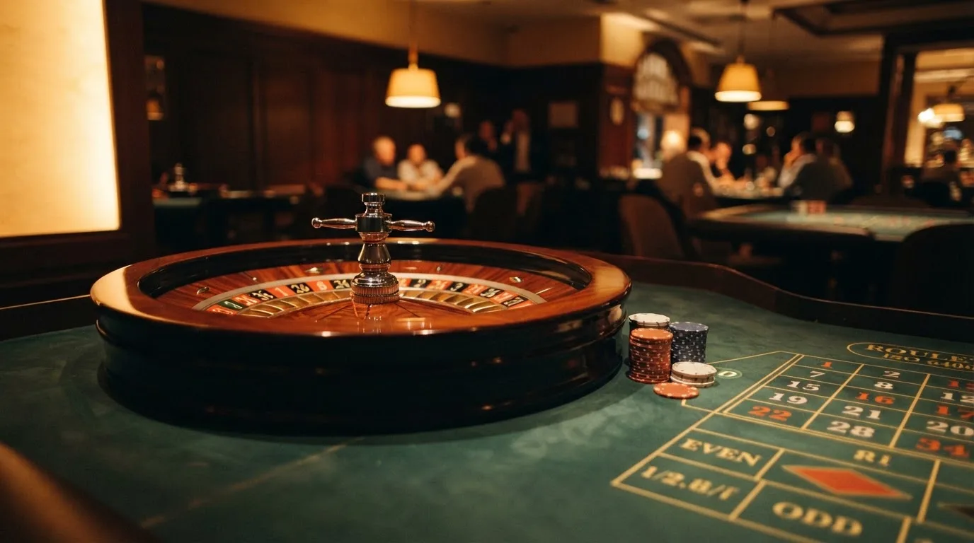 Rulettehjul og sjetonger på grønn filt i varmt kveldslys — bonuser på nettcasino