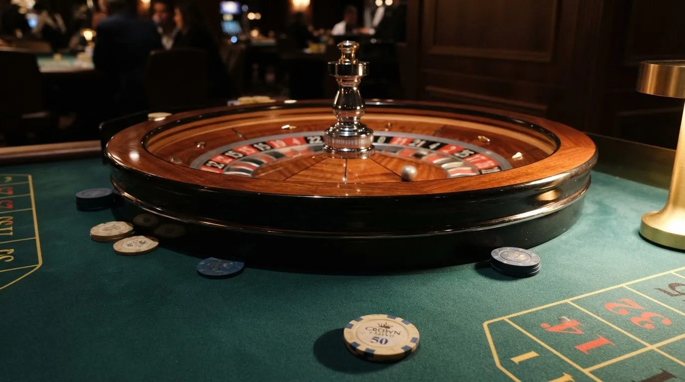 Rulettehjul og sjetonger på grønn filt i varmt kveldslys — casino slots in norway