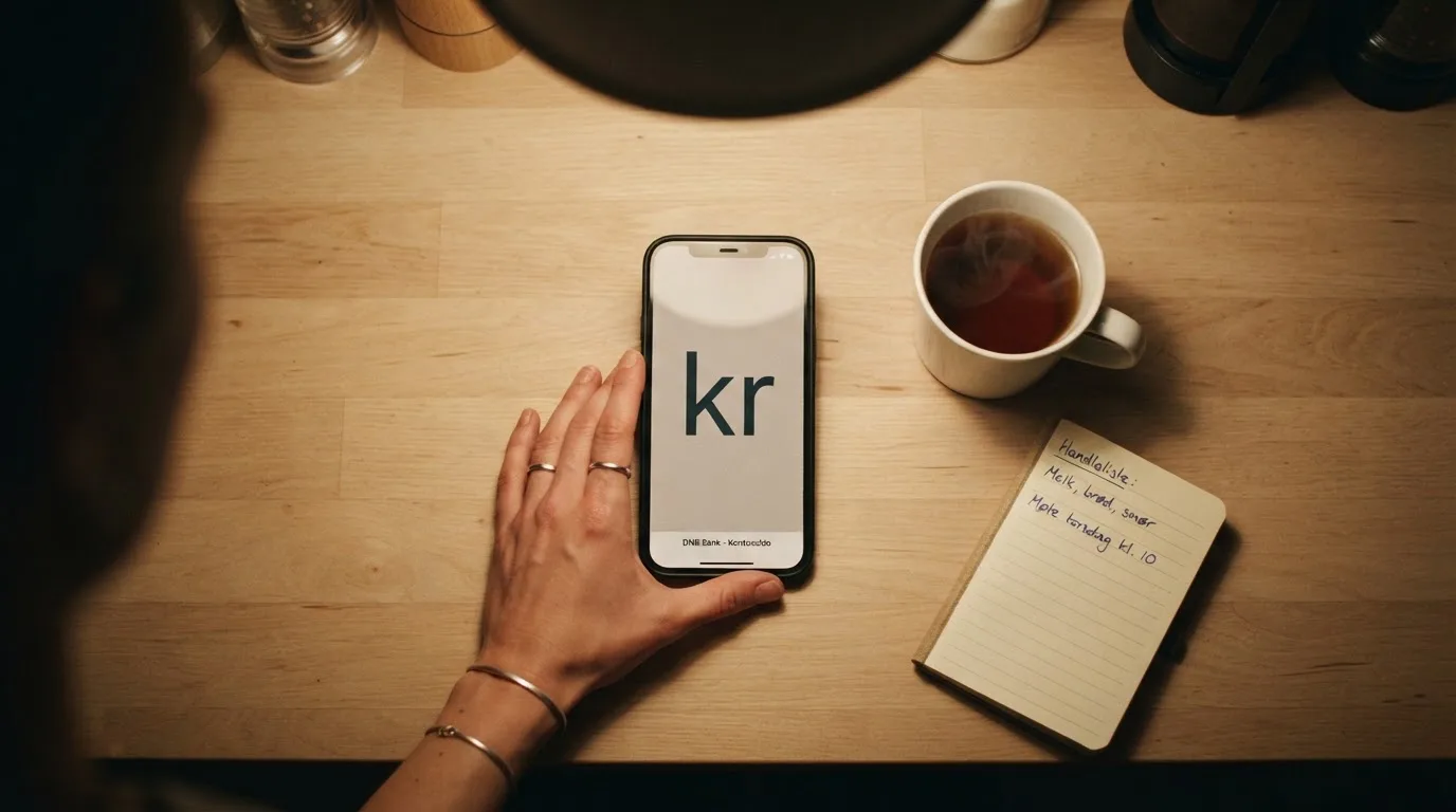 Hånd holder en mobiltelefon ved siden av en kopp te ved et kjøkkenbord en rolig kveld — casino tipping i norge