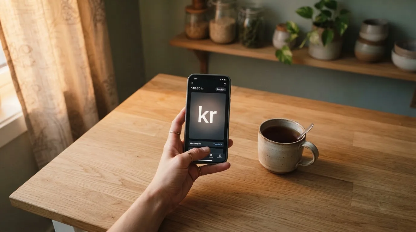 Hånd holder en mobiltelefon ved siden av en kopp te ved et kjøkkenbord en rolig kveld — casino uten lisens i norge