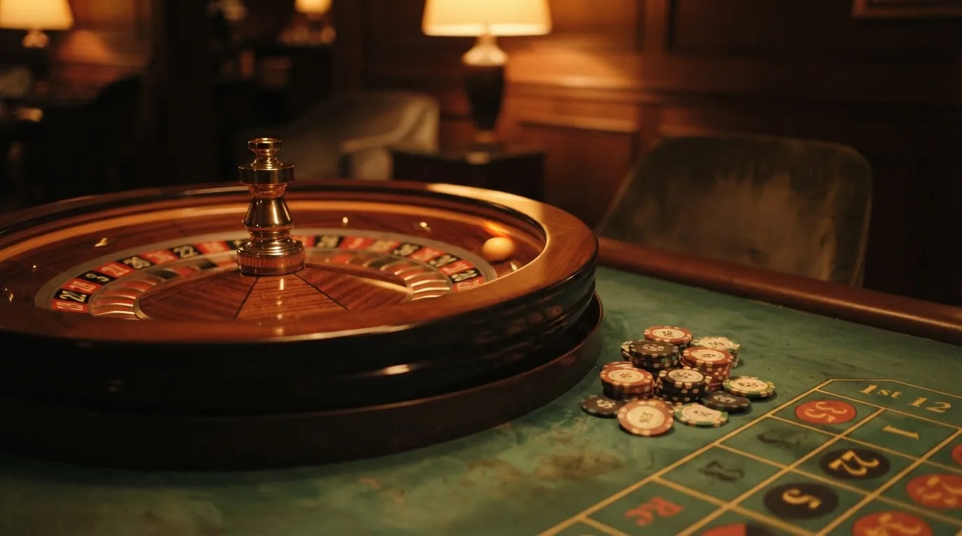 Rulettehjul og sjetonger på grønn filt i varmt kveldslys — casino uten lisens i norge
