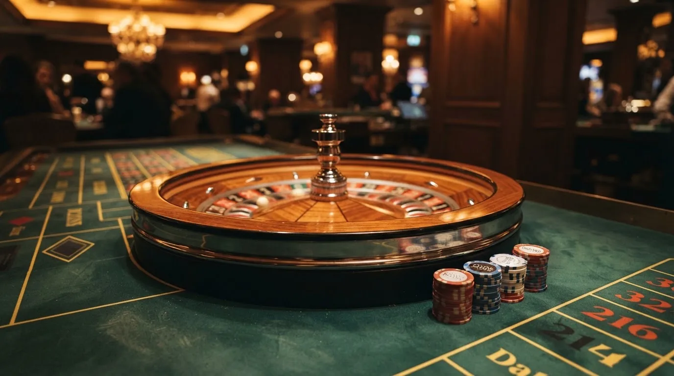 Rulettehjul og sjetonger på grønn filt i varmt kveldslys — casinoer med bitcoin i norge