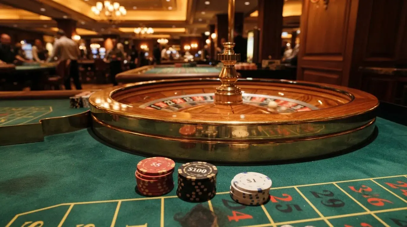 Rulettehjul og sjetonger på grønn filt i varmt kveldslys — casinoer med dogecoin i norge