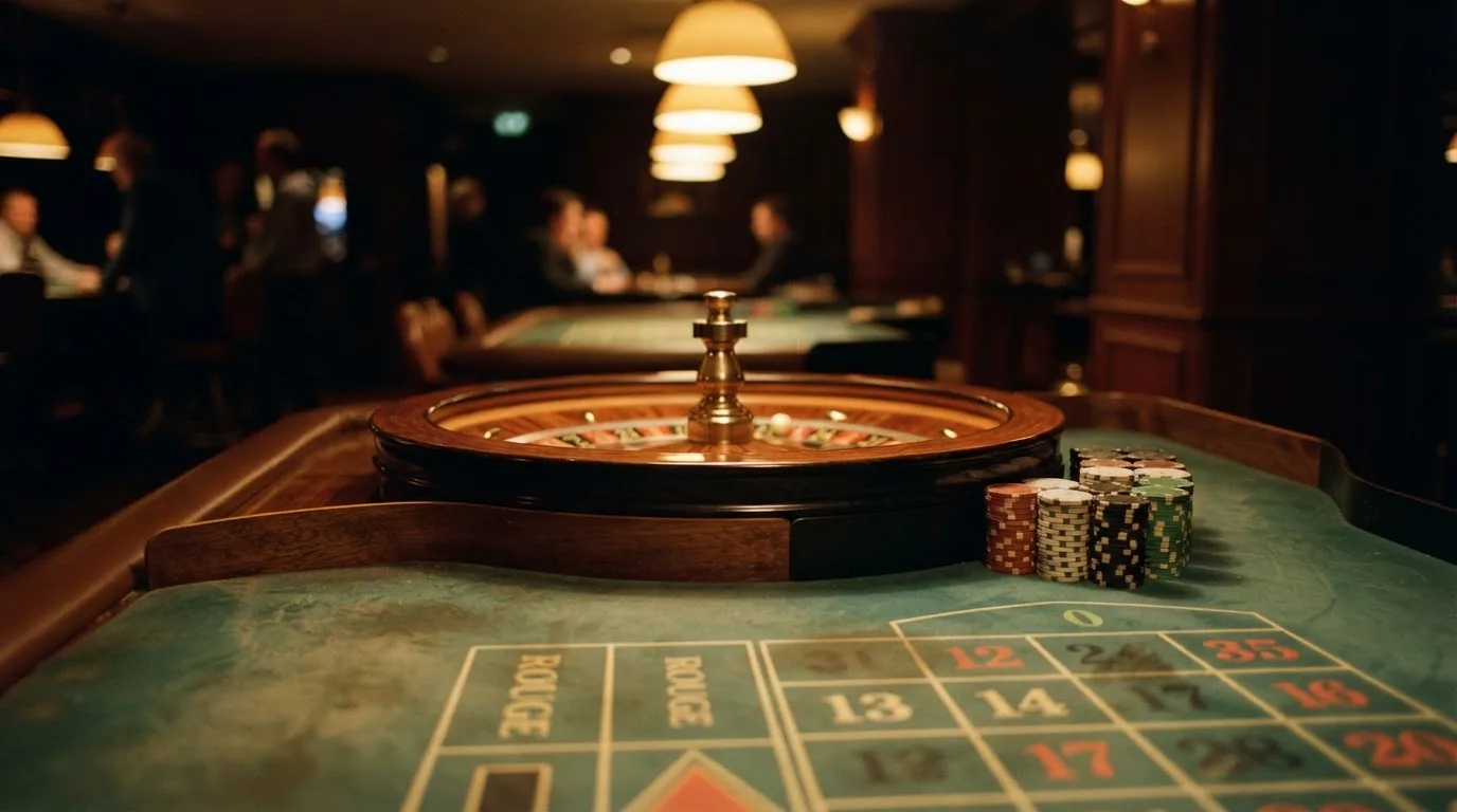 Rulettehjul og sjetonger på grønn filt i varmt kveldslys — live roulette in norway