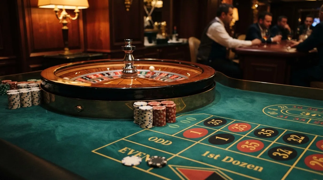 Rulettehjul og sjetonger på grønn filt i varmt kveldslys — norske casinoer på android