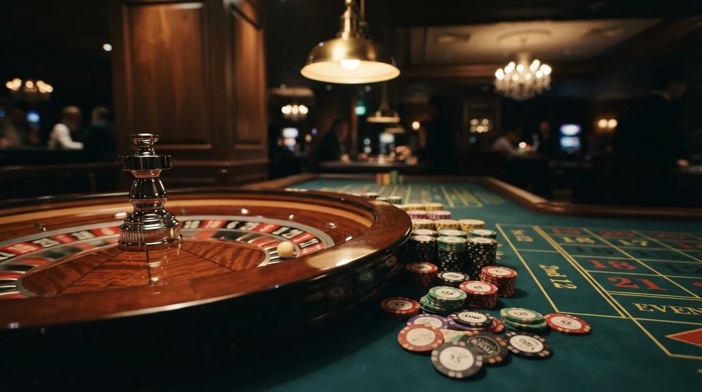 Rulettehjul og sjetonger på grønn filt i varmt kveldslys — norske casinoer på ios